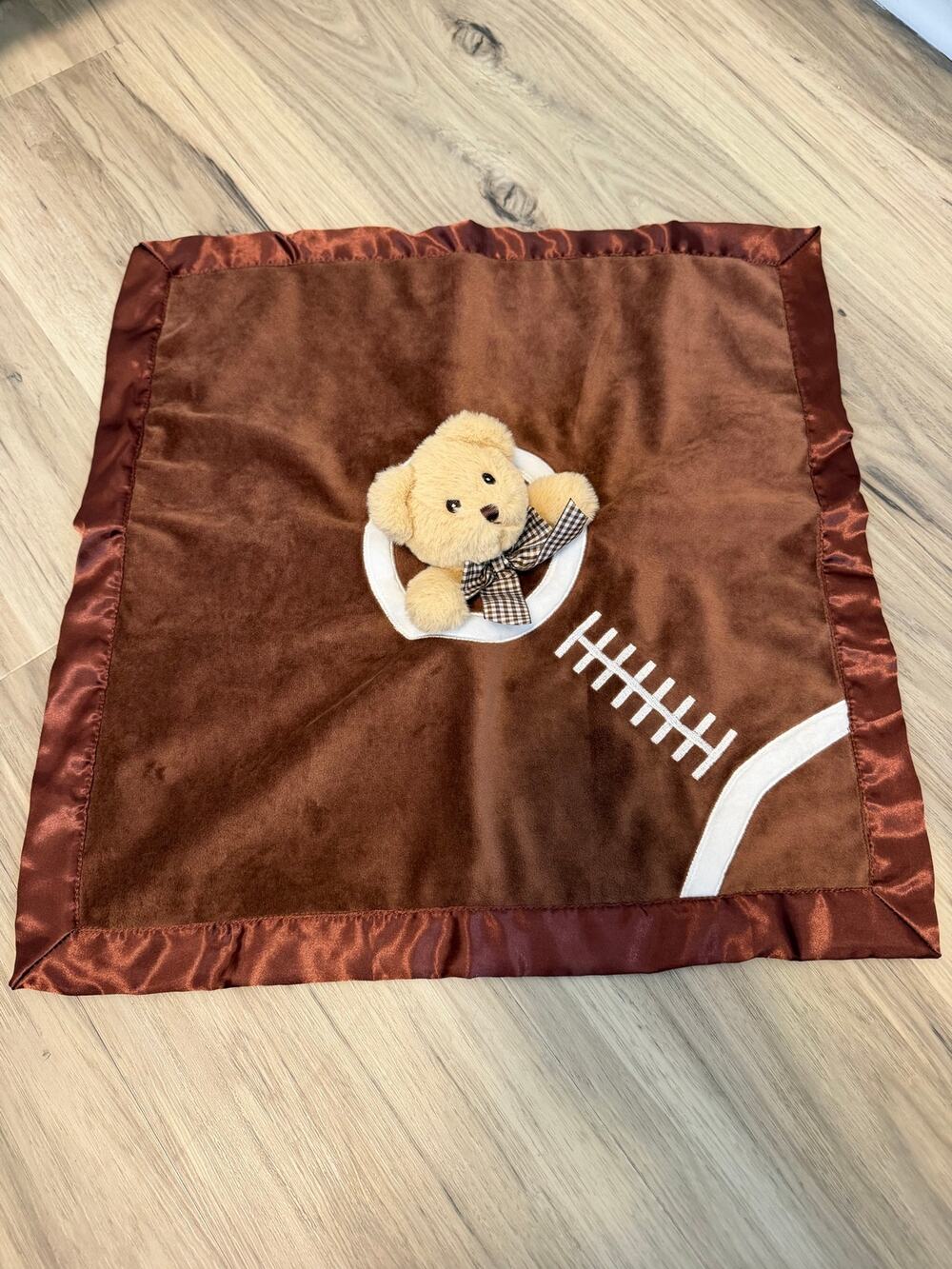 Bearington Baby Teddy Bear Football Lovey Security Blanket Rattle Satin Brown